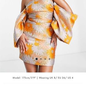 ASOS Luxe Extreme Sleeve Bardot Mini Dress – Orange Floral Jacquard – Women’s 14